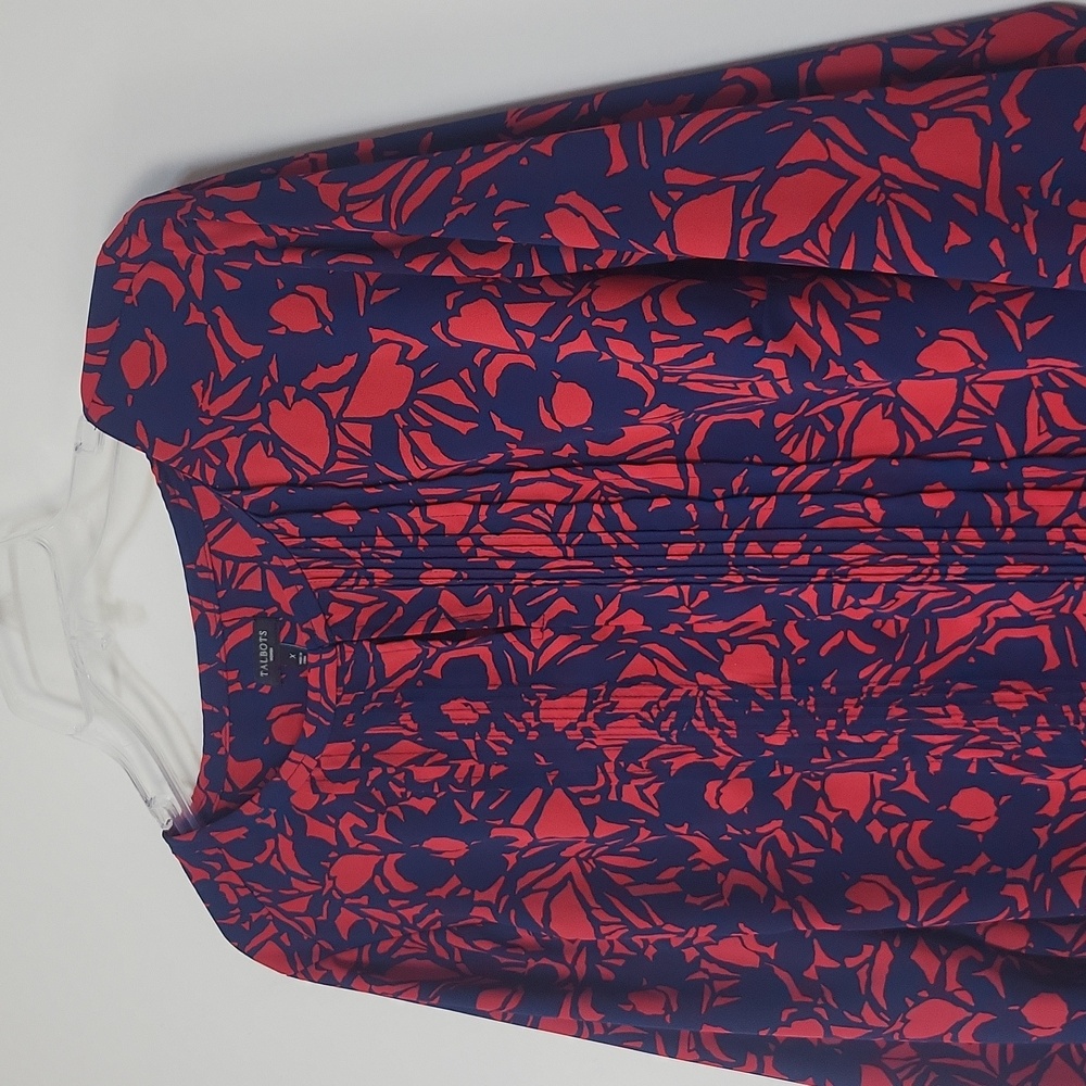 TALBOT'S Blue Red Floral Pintuck Front Keyhole Neckline Long Sleeve Blouse - Picture 1 of 11